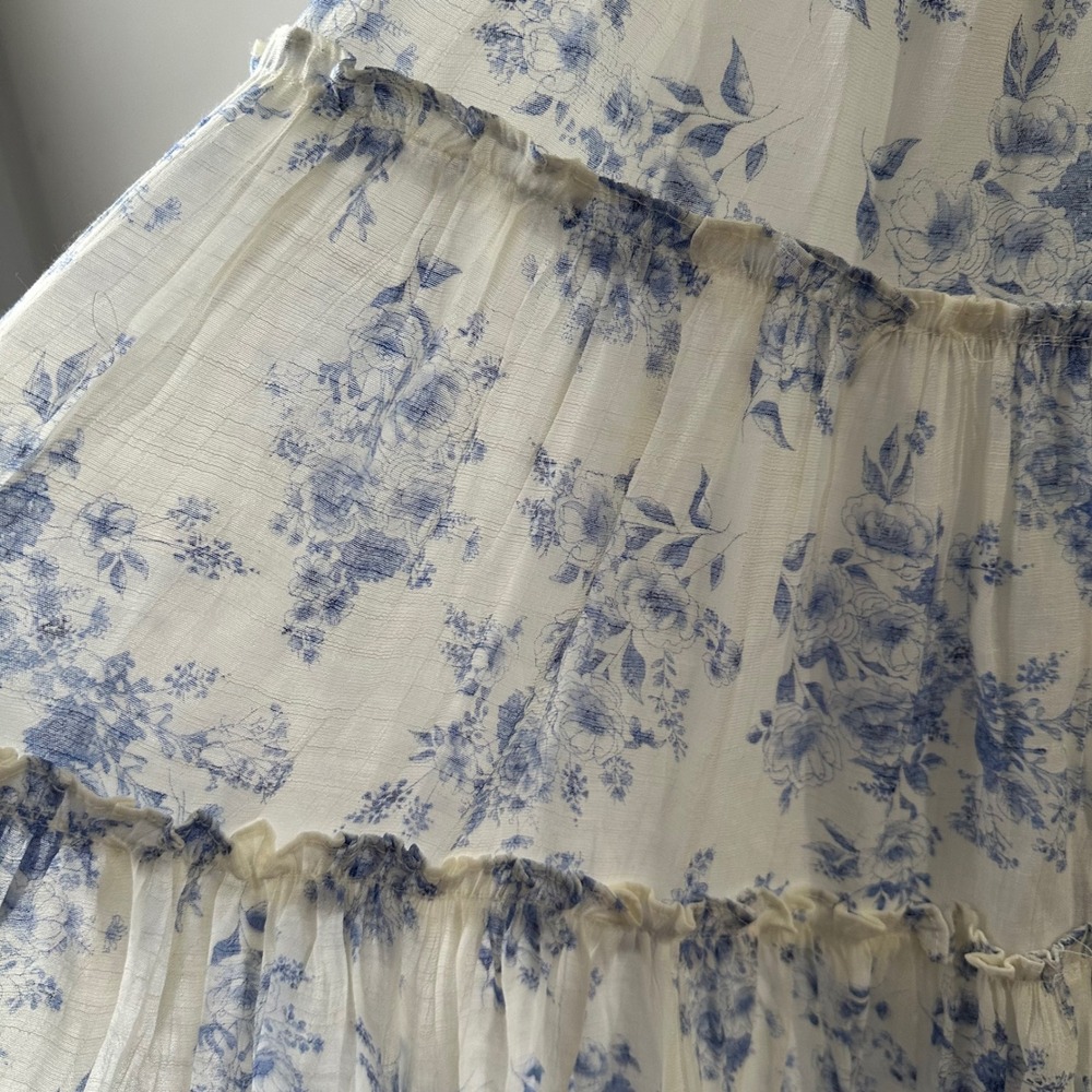 Altar State Floral Print Tiered Midi Dress Blue White Tie Shoulder Size M - Picture 2 of 7